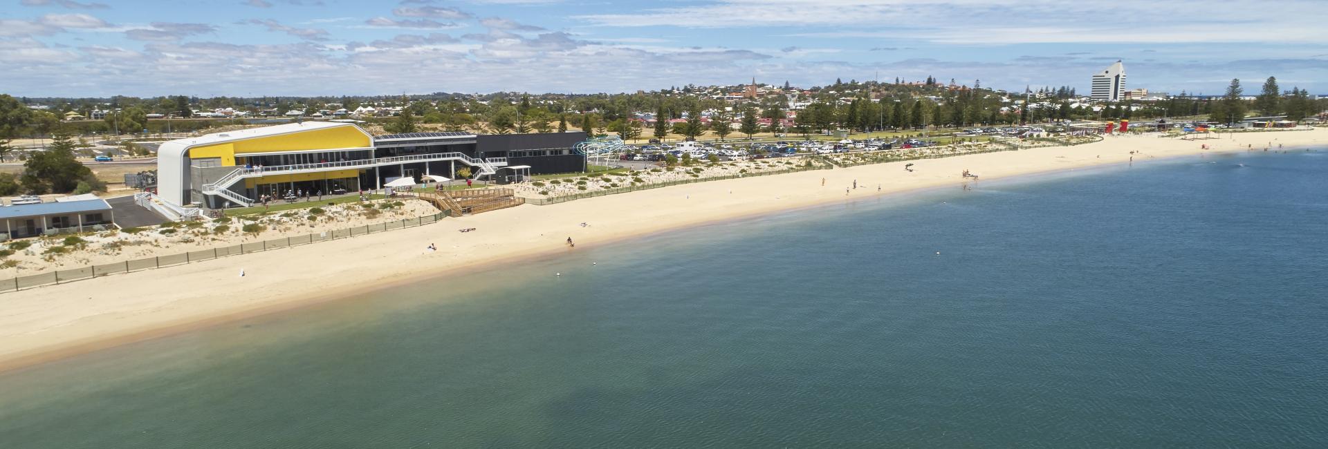 drone image showing Koombana Bay foreshore in Bunbury with city in background