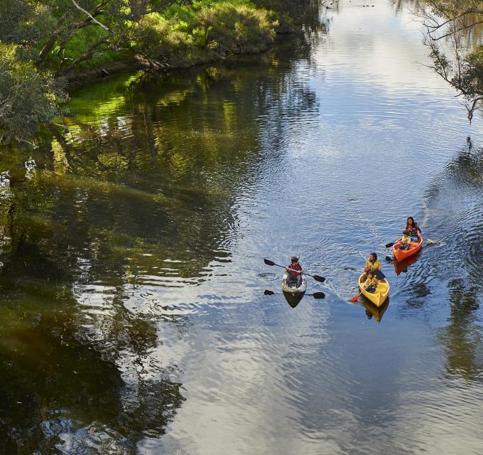 3 kayakers on a river